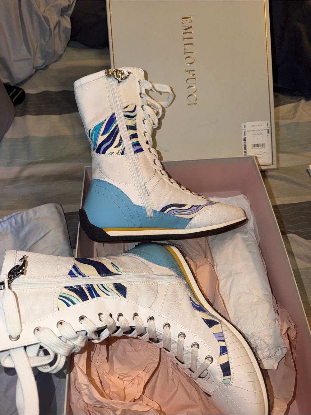Emilio Pucci White Leather High-Top Sneakers with Blue Accents - Picture 5 of 6